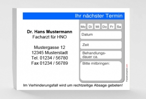 1.000 Terminzettel 70 x 95 mm, blau mit Praxiseindruck